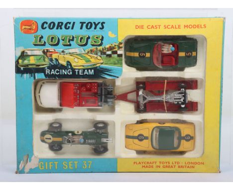Corgi Toys Gift Set 37 Lotus Racing Team, contains:155 Lotus Climax Racing Car, 319 Lotus Elan Coupe hard top, yellow body, g