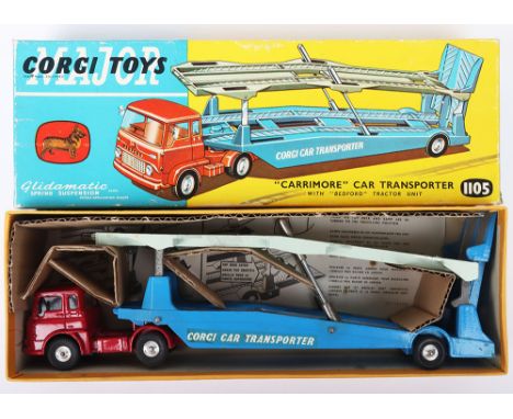 Corgi Major Toys 1105 Bedford  TK Carrimore Car Transporter, red cab, silver trim, lemon interior, blue/silver/ pale green ba