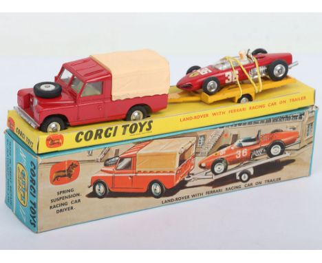Corgi Toys Gift Set No 17 Land-Rover with Ferrari Racing Car on Trailer, red Land-Rover, yellow interior, spun shaped wheel h