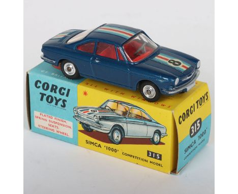 Scarce Corgi Toys 315 Simca ‘1000’ Competition, metallic blue body, red interior, spun wheel hubs, red/blue/white stripe no ‘