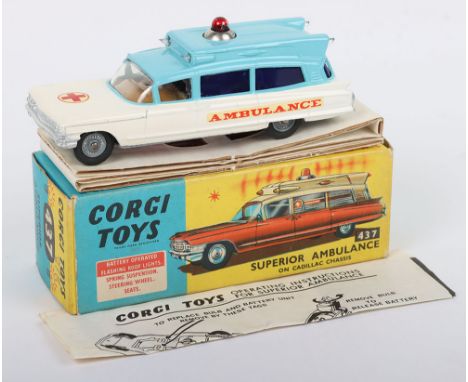 Corgi Toys 437 Superior Ambulance on Cadillac Chassis, light blue/white body, red cross decal to bonnet, cast wheel hubs, in 