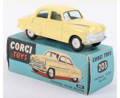 Corgi Toys 203 Vauxhall Velox Saloon, yellow body, silver trim, flat spun wheels, in near mint original condition, blue pictu