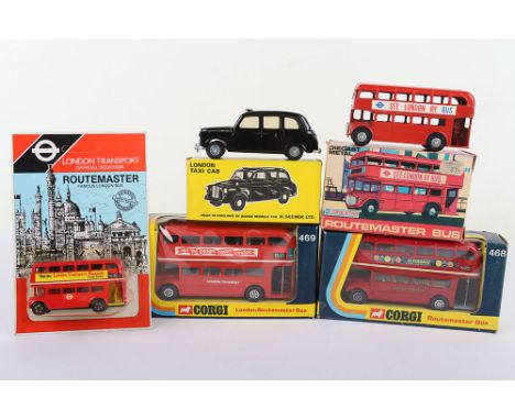 Corgi Toys 468 Routemaster Bus Outspan Oranges, red body, with driver and clippie, whizzwheels, 469 London Routemaster Bus, v