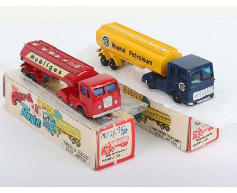 Maxwell Toys India No. 597 Bharat Petroleum Petrol Tanker, blue cab, yellow tanker, blue tinted windows, black plastic wheels