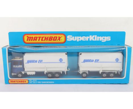 Three Matchbox Lesney Superkings, K-21 Ford Transcontinental Santa Fe Truck & Trailer, blue/white cab, black interior, white 