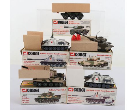Five Corgi Toys  Military Tanks, circa 1973/74  900 German PzKpfw Tiger Mk.I, camouflaged body, 901 Centurion Mk. III British