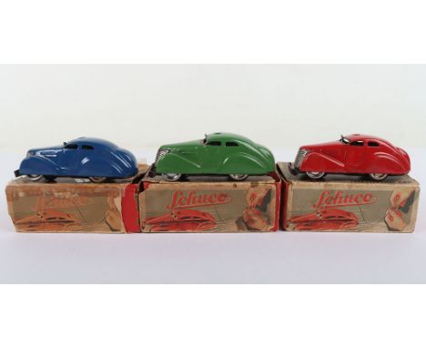 Three Schuco Tinplate 3000 Telesteering cars Sets, blue version, complete, with leaflet  (missing remote coil) bright red ver
