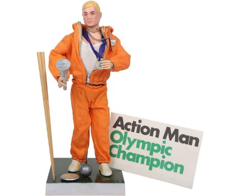 Vintage Action Man Olympic Champion, on blond painted head doll, track suit, top and bottoms, singlet, shorts, running shoes,