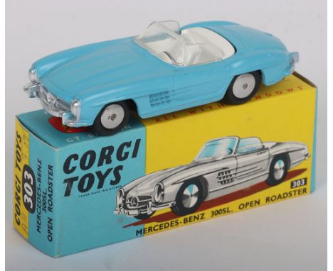 Corgi Toys 303 Mercedes-Benz 300SL. Open Roadster, pale blue body, white seats, clear plastic windscreen, flat spun wheel hub