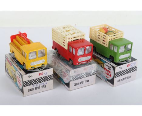 Three Maxwell Toys India delivery Vans, No.537 Drink Thumbs Up Gold Spot Van, yellow body, turquoise base, No.538 Fruit Carri