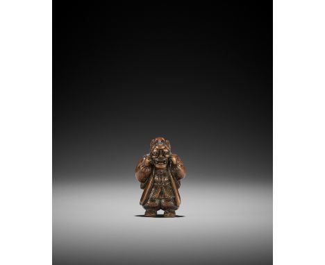 A CHARMING WOOD NETSUKE OF A BOY WITH HANNYA MASK UnsignedJapan, 19th century, Edo period (1615-1868)The boy standing and hol