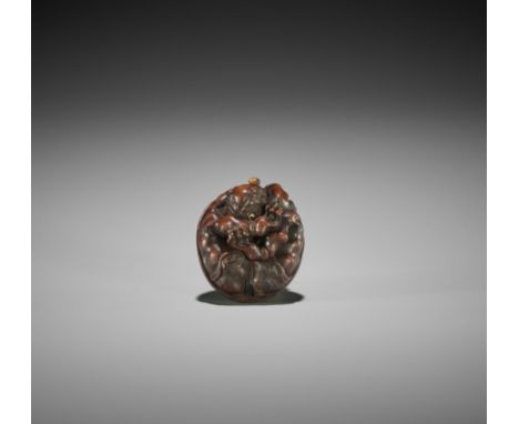 MASAKAZU: A WOOD NETSUKE OF A COWERING ONI By Masakazu, signed Masakazu 正一Japan, Nagoya, 19th century, Edo period (1615-1868)