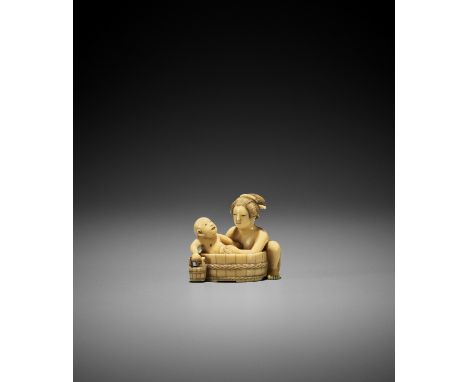 KOJITSU: AN IVORY NETSUKE OF A BIJIN BATHING HER CHILD By Ikkosai Saito Yataro, signed Kojitsu 孝實Japan, Edo (Tokyo), mid-19th