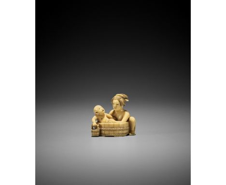 KOJITSU: AN IVORY NETSUKE OF A BIJIN BATHING HER CHILD By Ikkosai Saito Yataro, signed Kojitsu 孝實Japan, Edo (Tokyo), mid-19th