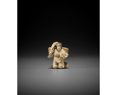 ONO RYOMIN: A FINE IVORY NETSUKE OF A BUTTERFLY DANCER, KOCHO NO MAI By Ono Ryomin, signed Ryomin 陵民 and kakihanJapan, Edo/To