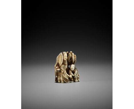 TOMOCHIKA: A RARE IVORY NETSUKE OF TAMAMO NO MAE WITH THE NINE-TAILED FOX By Chikuyosai Tomochika, signed Tomochika 友親Japan, 