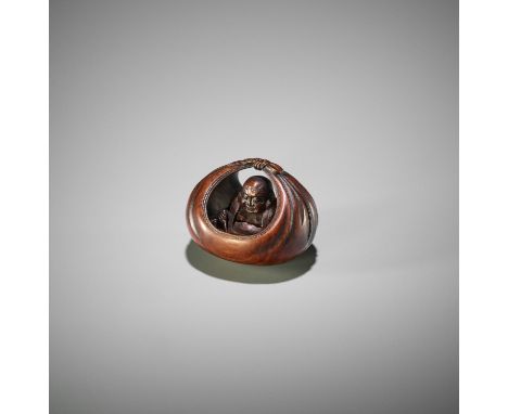 HOSHUNSAI MASAYUKI: A FINE WOOD NETSUKE OF HOTEI IN HIS TREASURE BAG By Hoshunsai Masayuki, signed Masayuki 正之 with kakihanJa