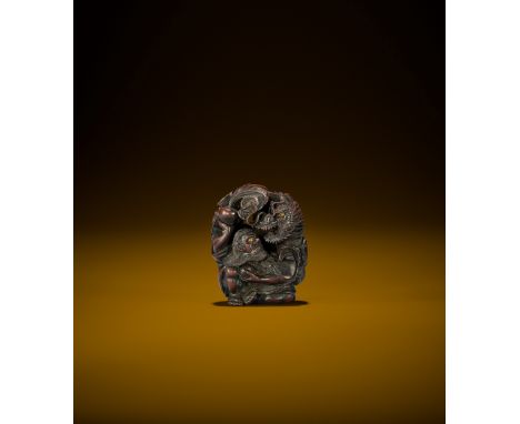 SADAKATA: A SUPERB WOOD NETSUKE OF RAKAN HANDAKA SONJA WITH DRAGON By Sadakata, signed Sadakata 真庁 saku 作Japan, Sasayama, Tan