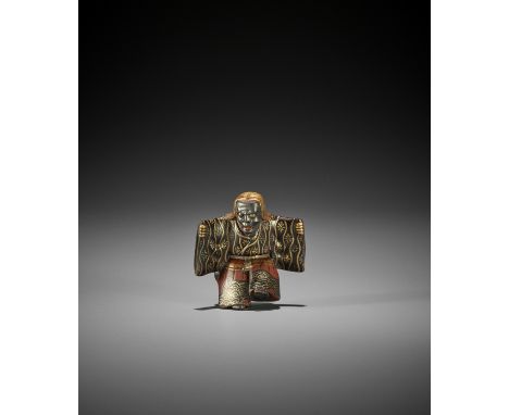 A LACQUERED WOOD NETSUKE OF A NOH ACTOR UnsignedJapan, second half of 19th centuryIn the role of Hannya, standing in a dynami