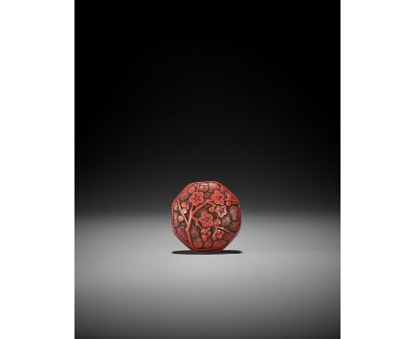 A FINE TSUISHU LACQUER HAKO NETSUKE WITH PLUM AND PINE UnsignedJapan, 18th century, Edo period (1615-1868)The two-part hako (