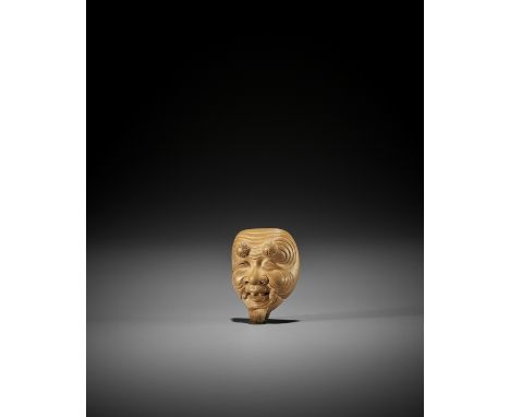 HOZAN: A FINE PALE WOOD MASK NETSUKE OF OKINA (HAKUSHIKIJO) By Hokkyo Hozan (active c. 1880), signed Hozan 寶山 o with kakihanJ