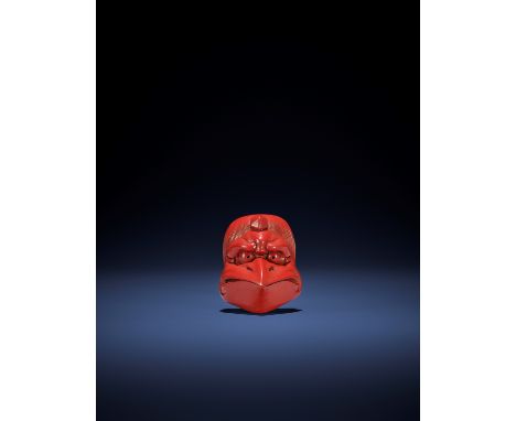 SOMIN: A SUPERB&nbsp;TSUISHU (CARVED RED LACQUER) MASK NETSUKE OF A KARASU-TENGU By Somin, signed Somin 藻民 to 刀Japan, Tokyo, 