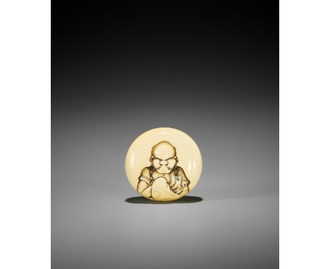 IKKOSAI HORAKU: AN INLAID IVORY MANJU NETSUKE OF A RAKAN By Ikkosai Horaku, signed Ikkosai Horaku 一光齋 法 乐 and kakihanJapan, E