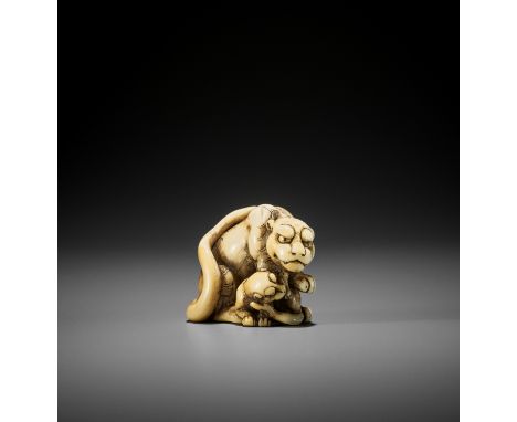 TOMOTADA: AN EXCEPTIONAL IVORY NETSUKE OF A TIGRESS AND CUB By Izumiya Tomotada, signed Tomotada 友忠Japan, Kyoto, late 18th ce