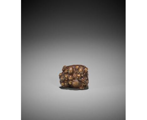 SATO MASAYOSHI: A WOOD NETSUKE OF TWO SHISHI WITH BROCADE BALL By Sato Masayoshi, signed Masayoshi 正義Japan, Nagoya, 19th cent