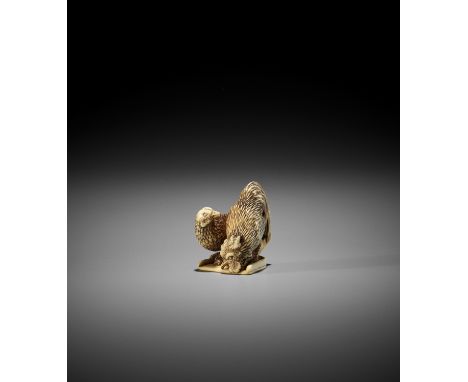 TOMOCHIKA: AN IVORY NETSUKE OF A COCKEREL AND HEN By Tomochika, signed Tomochika 友親Japan, Edo (Tokyo), mid-19th century, Edo 