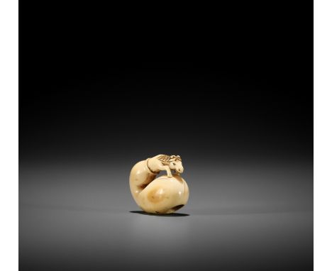 A CHARMING SMALL IVORY NETSUKE OF CHOKARO'S HORSE IN A GOURD UnsignedJapan, late 18th century, Edo period (1615-1868)A charmi