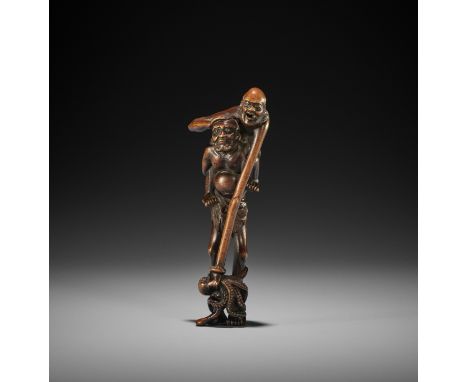 KAZUHIDE: A TALL WOOD NETSUKE OF ASHINAGA AND TENAGA By Kazuhide, signed Kazuhide 一秀Japan, late 18th to early 19th century, E