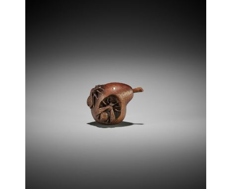 DERKACHENKO: A BOXWOOD NETSUKE OF TWO WASPS ON A PEAR By Alexander DerkachenkoUkraine, 2020Carved as two wasps with dark horn