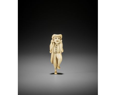 A SUPERB IVORY NETSUKE OF A DUTCHMAN WITH DEER CARCASS Unsigned Japan, 18th century, Edo period (1615-1868)An unusually expre