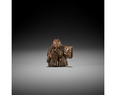 MINKOKU: A WOOD NETSUKE OF A DANCING SHOJO By Minkoku, signed Minkoku 民谷Japan, Edo (Tokyo), mid-19th century, Edo period (161