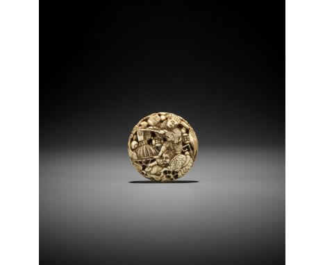 KOICHI: AN IVORY RYUSA MANJU NETSUKE OF HANASAKA JIJI By Koichi, signed Koichi 光一Japan, Edo/Tokyo, second half of 19th centur