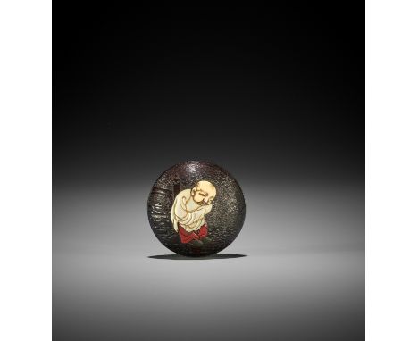 A FINE SHIBAYAMA STYLE INLAID AND LACQUERED TAGAYASAN WOOD MANJU NETSUKE OF HOTEI AS A CHILD Unsigned Japan, second half of 1