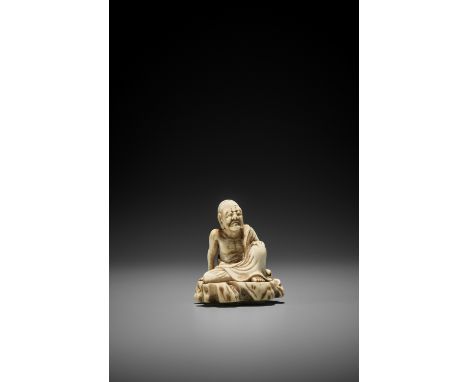 AN UNUSUAL AND EARLY TOBORI STYLE IVORY NETSUKE OF A RAKAN ON A ROCK UnsignedJapan, 18th century, Edo period (1615-1868)A lar