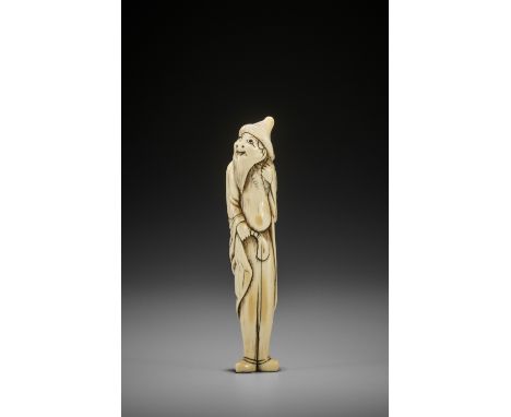 A RARE AND TALL IVORY NETSUKE OF A FOREIGNER UnsignedJapan, 18th century, Edo period (1615-1868)Of slightly flattened form, b