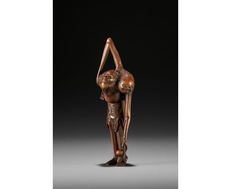 A WOOD NETSUKE OF ASHINAGA AND TENAGA FISHING Unsigned Japan, late 18th to early 19th century, Edo period (1615-1868)Depictin