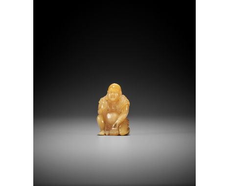 SHOSAI: A HONEN (HORNBILL) NETSUKE OF HOTEI Signed Shosai 勝齋Japan, 20th centuryThe lucky deity kneeling on the ground and hol