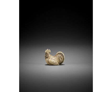 RYUMEI: AN IVORY NETSUKE OF A COCKEREL By Ryumei, signed Ryumei 龍明Japan, Edo (Tokyo), mid-19th century, Edo period (1615-1868