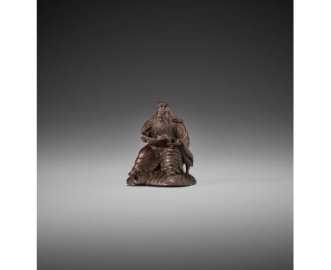 HIDARI ISSAN: A FINE WOOD NETSUKE OF GENTOKU By Hidari Issan, signed Hidari Issan 左一山Japan, Edo (Tokyo), c. 1850, Edo period 