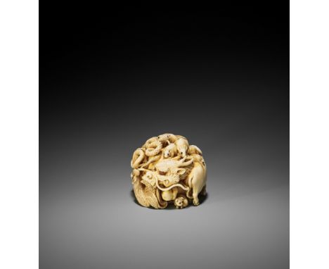 KAIGYOKUSAI MASATSUGU: A SUPERB AND RARE IVORY NETSUKE-OKIMONO OF THE ZODIAC WITH SECRET INTERIOR By Kaigyokusai Masatsugu, s