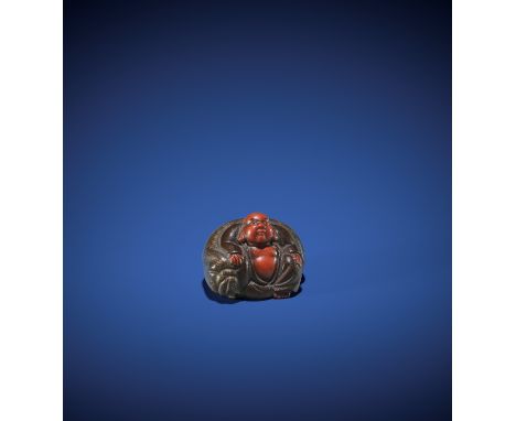 A CHARMING LACQUERED WOOD NETSUKE OF HOTEI LEANING ON HIS BAG UnsignedJapan, 19th century, Edo period (1615-1868)Depicting th