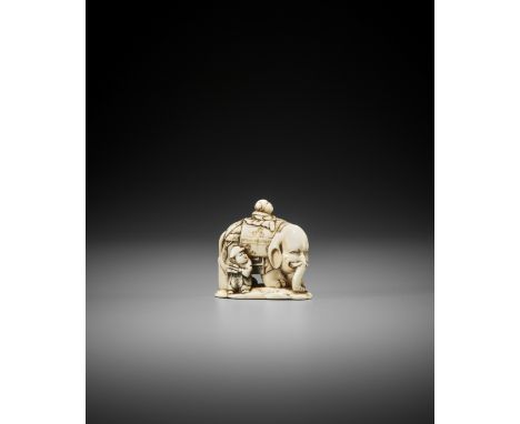 AN IVORY NETSUKE OF A CAPARISONED ELEPHANT WITH BOYS UnsignedJapan, Edo (Tokyo), mid-19th century, Edo period (1615-1868)The 