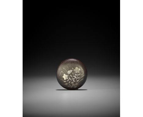 A RARE SILVER-INLAID IRON MANJU NETSUKE UnsignedJapan, 19th century, Edo period (1615-1868)The two-part manju cast from iron 