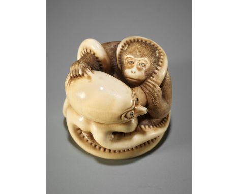 IKKOSAI: AN IVORY NETSUKE OF A MONKEY AND OCTOPUS WRESTLING By ‘Saru’ Ikkosai, signed Ikkosai 一光齋Japan, Tokyo, late 19th cent