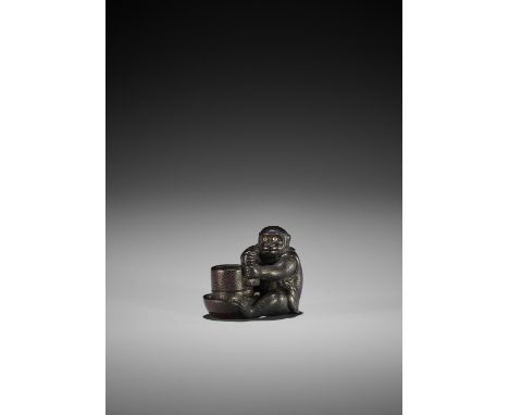 OKATOMO: A RARE SHITAN WOOD NETSUKE OF A MONKEY By Yamaguchi Okatomo, signed Okatomo 岡友Japan, Kyoto, early 19th century, Edo 
