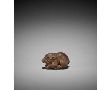 MINKO: A RARE WOOD NETSUKE OF A RECUMBENT BOAR By Tanaka Juntoko Minko (1735-1816), signed hachi-ju ichi sai Minko 珉江 and kak